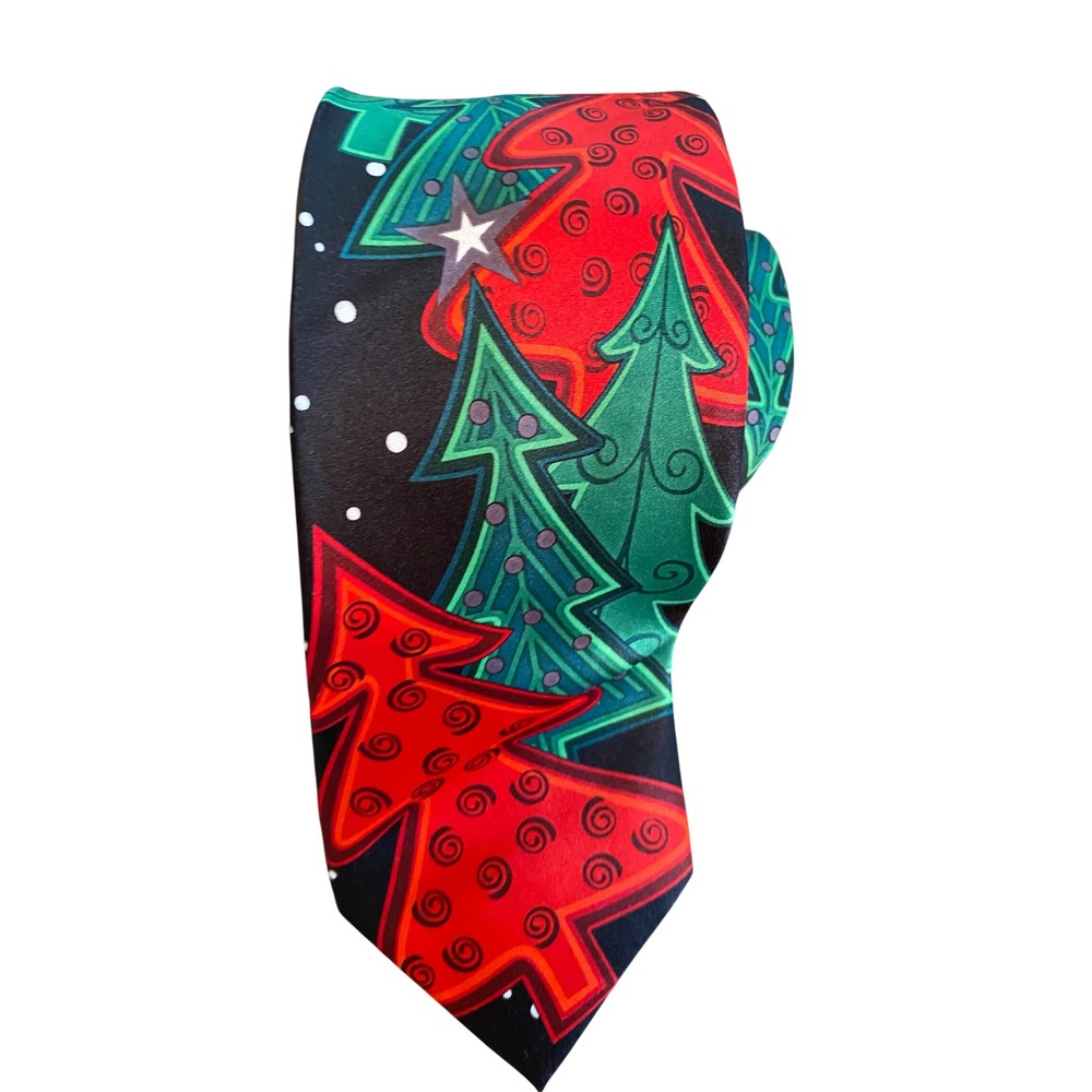 Holidays Mens Christmas Tree‎ Silk Look Graphic Tie Black Red Green RN 51093